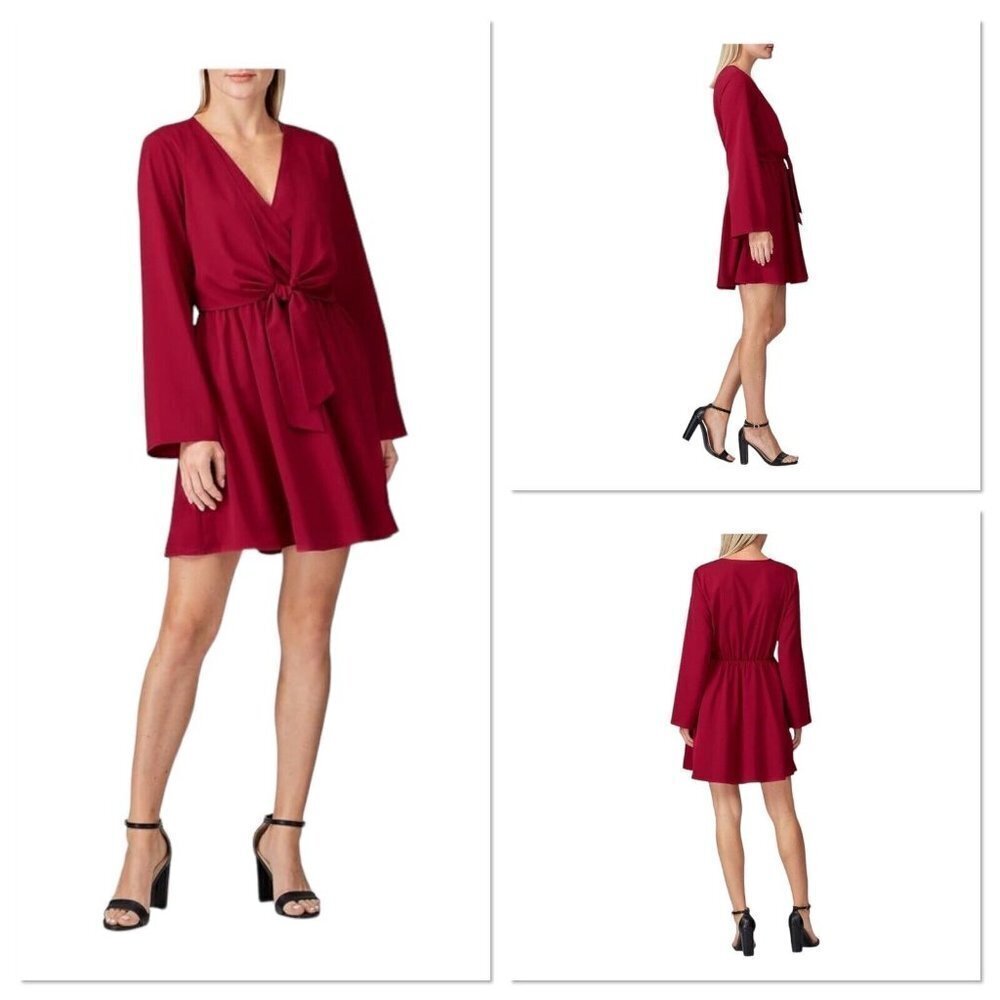 TOPSHOP RED V NECK TIE FRONT‎ CROSSOVER LONG SLEEVE MINI DRESS WOMEN SIZE 4